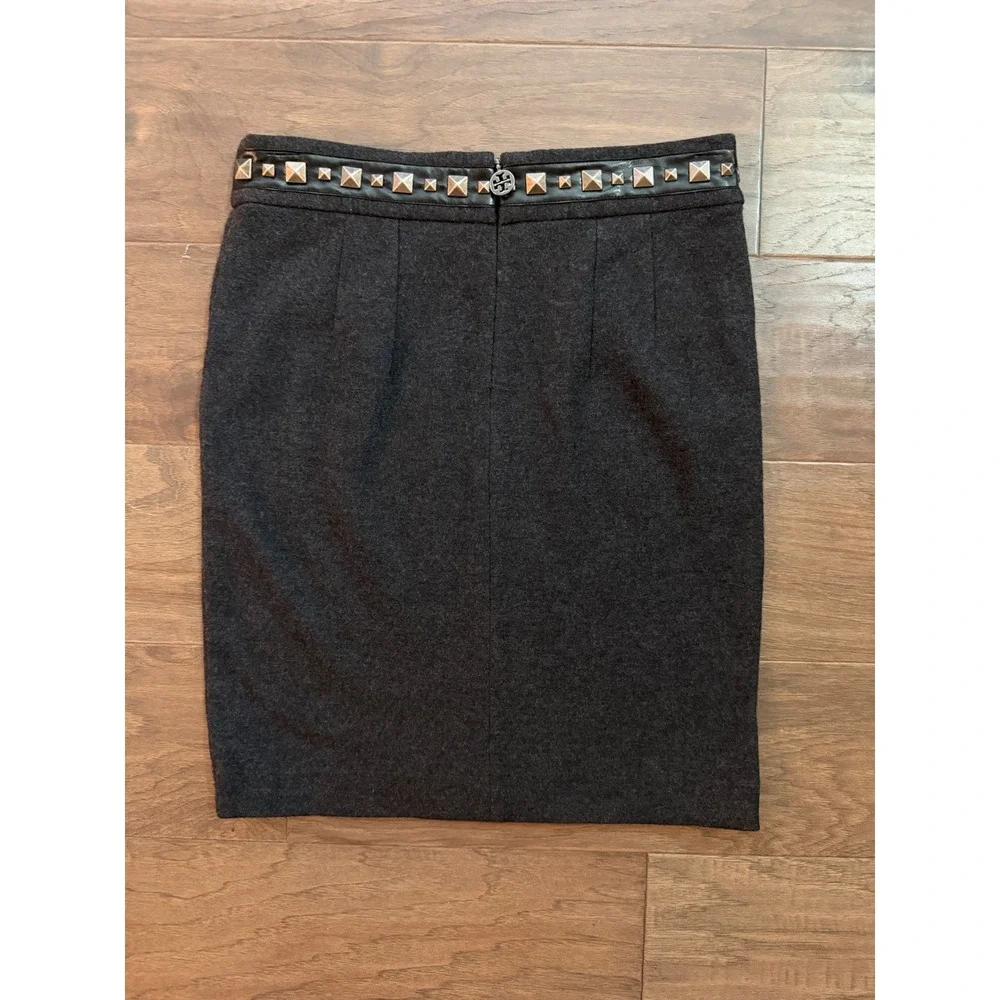 Tory Burch Grey 100% Wool Studded Leather Waist Pencil Skirt Womens Small